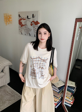 PRASE吕噜噜【轻甜布雷】夏季微胖显瘦时尚蕾丝花边印花宽松T恤女