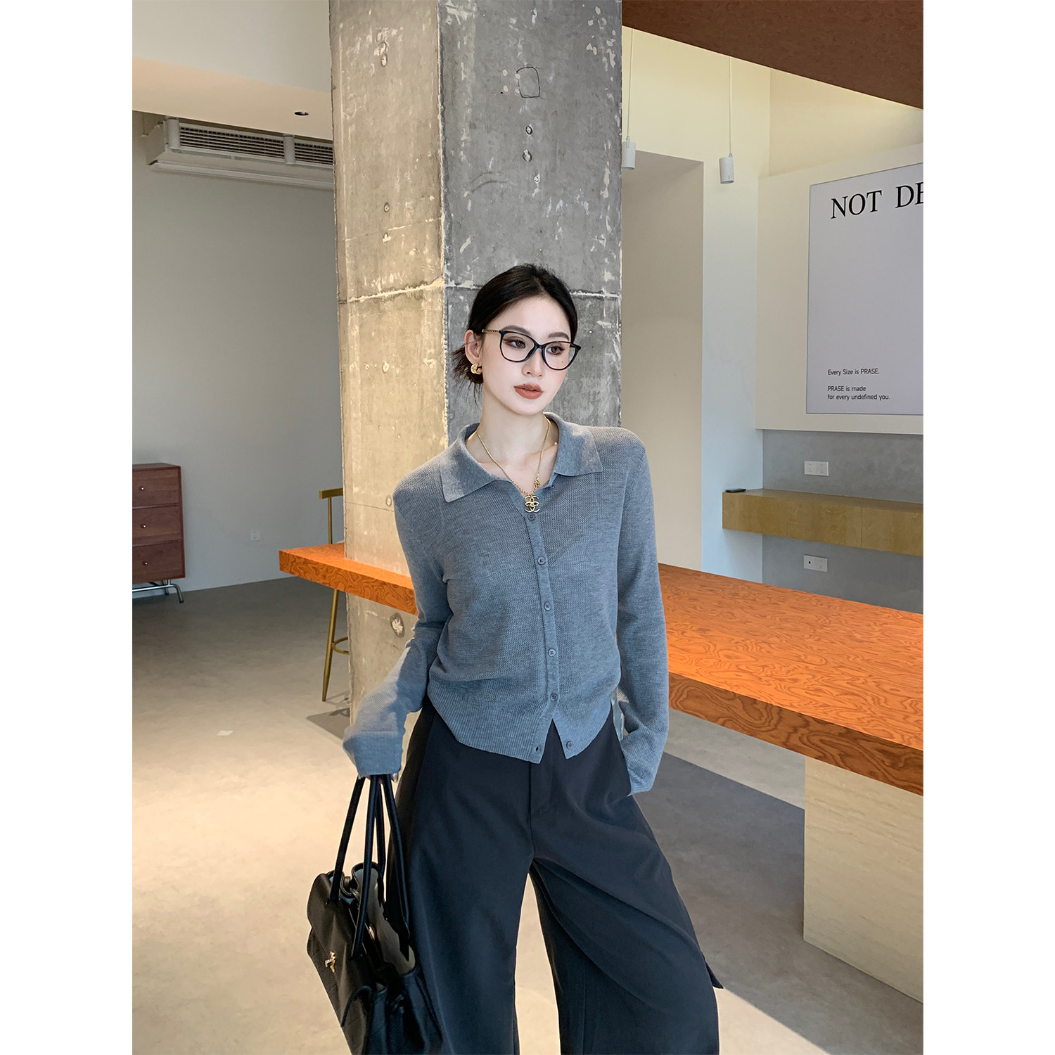 PRASE吕噜噜【舒适韵律】微胖显瘦POLO领针织衫秋显瘦长袖上衣女