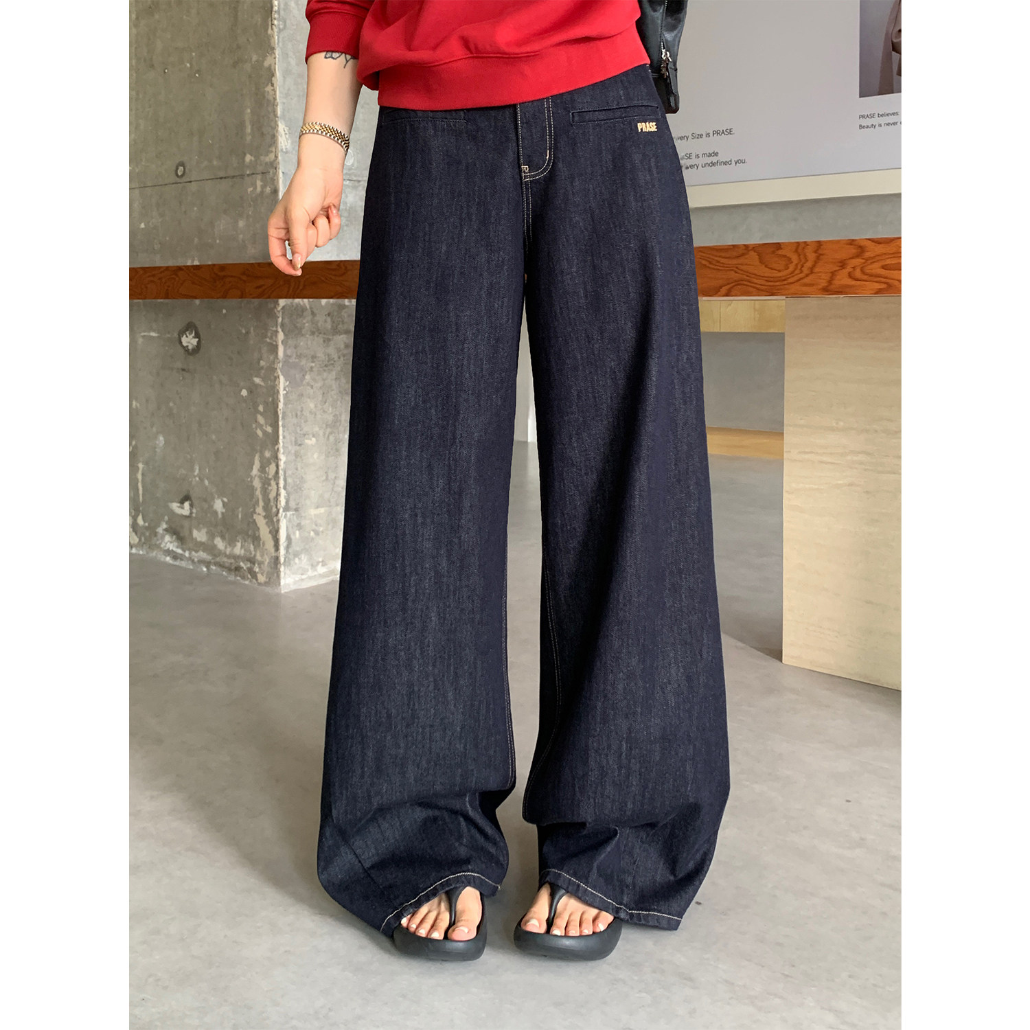 PRASE吕噜噜【比例裤】绣花微胖大码高腰显瘦宽松遮胯直筒牛仔裤