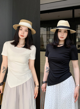 PRASE吕噜噜【线条美感】夏季显瘦不规则收腰短袖圆领针织T恤女士