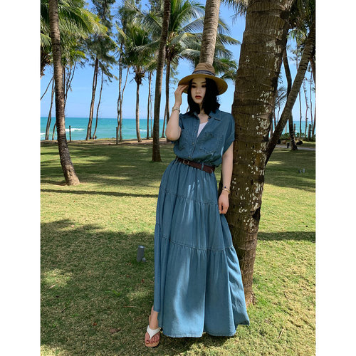 PRASE吕噜噜【旧时光】牛仔连衣裙女夏季大码收腰气质长裙A字裙子