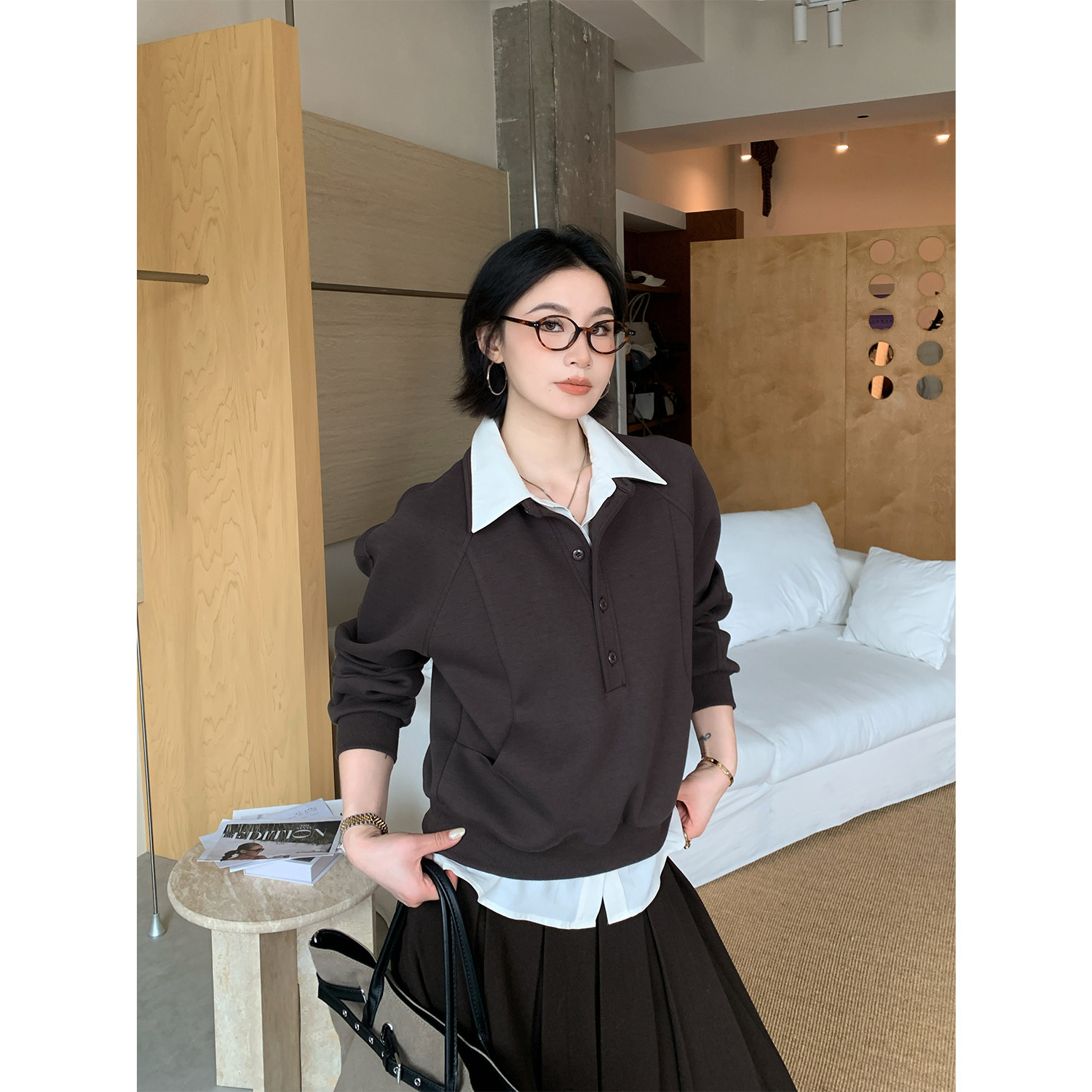 PRASE吕噜噜【洒脱自如】微胖显瘦遮肉百搭通勤假俩件卫衣外套女