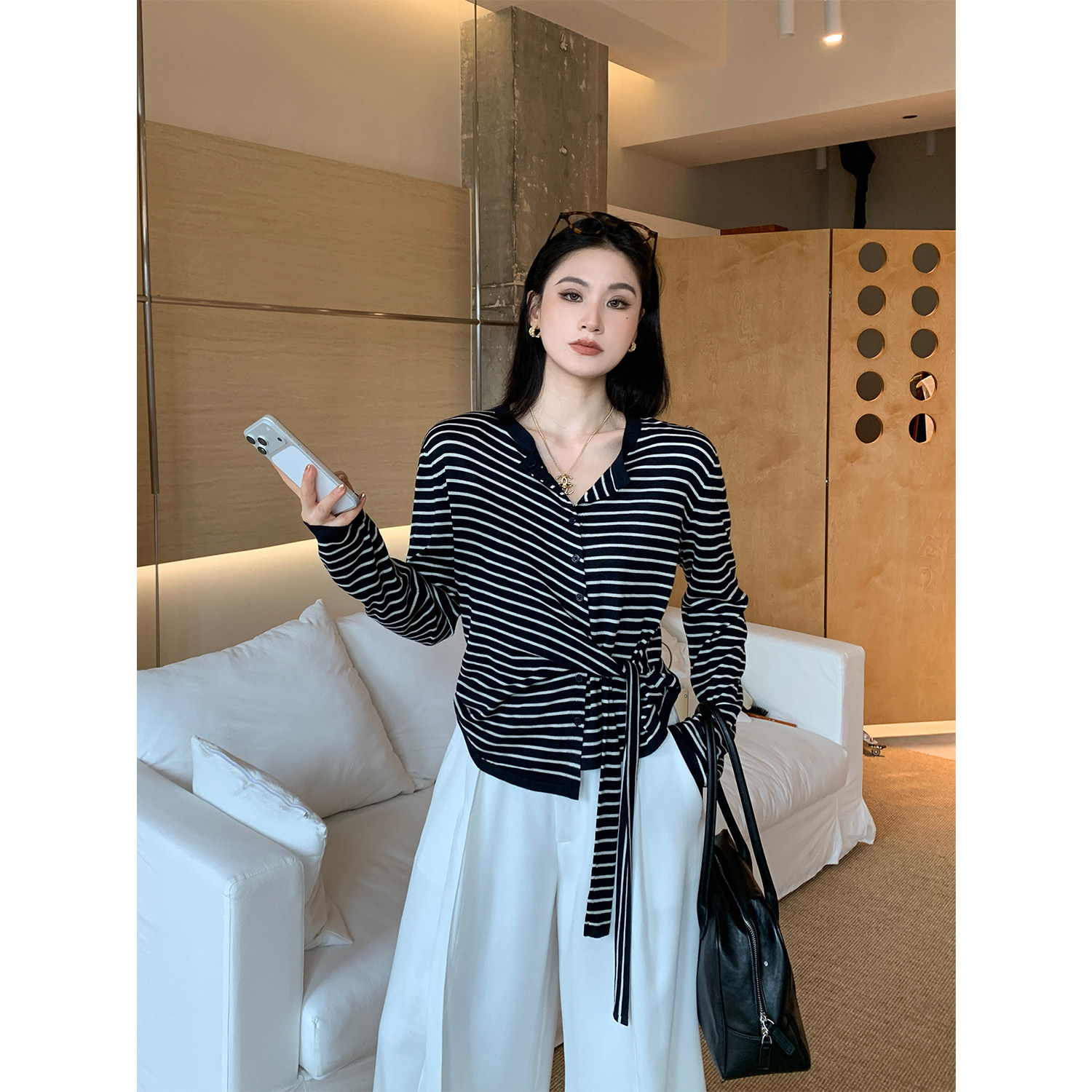 PRASE吕噜噜【线谱条纹】显瘦针织衫女秋长袖T恤收腰简约时尚上衣图片