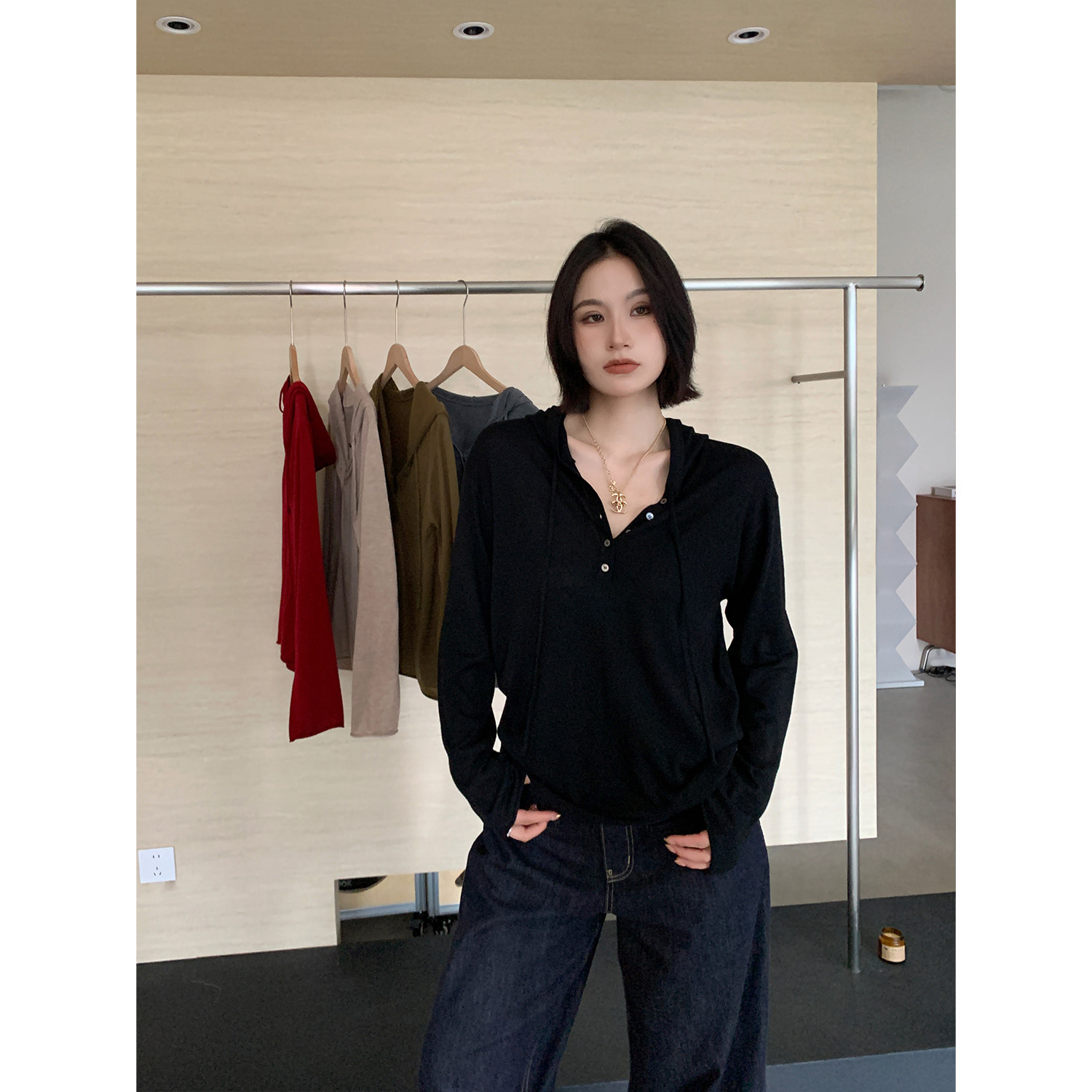 PRASE吕噜噜【日常搭】早秋微胖宽松遮肉连帽针织T恤打底衫上衣女