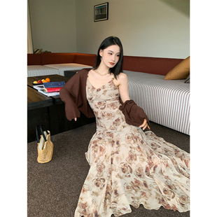 PRASE吕噜噜【心动邂逅】夏季显瘦气质吊带长裙印花鱼尾连衣裙女