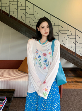 PRASE吕噜噜【花花世界】夏季微胖显瘦宽松上衣印花长袖针织T恤女