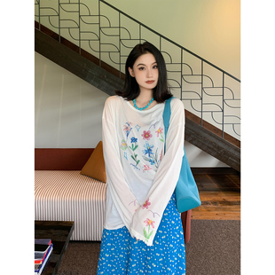 PRASE吕噜噜【花花世界】夏季微胖显瘦宽松上衣印花长袖针织T恤女