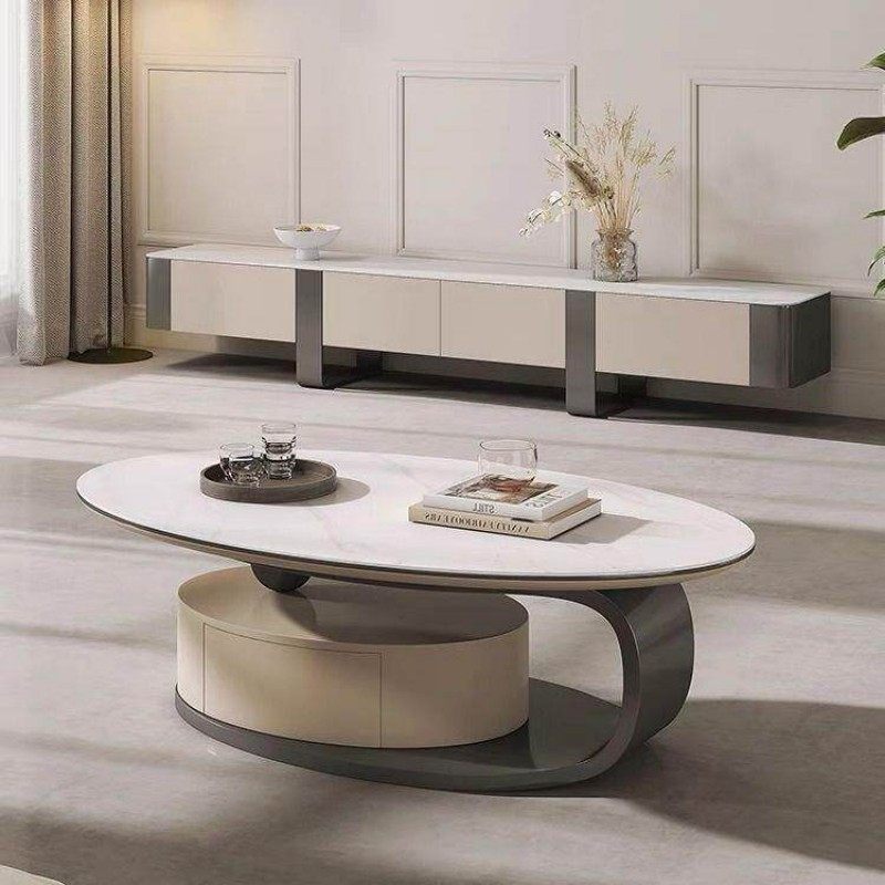 欧派岩板茶几轻奢现代简约椭圆形组合带抽创意高级电视柜客厅家用