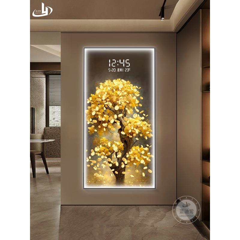 发财树入户进门玄关装饰画电子屏钟表走廊尽头挂画创意时钟壁灯画图片