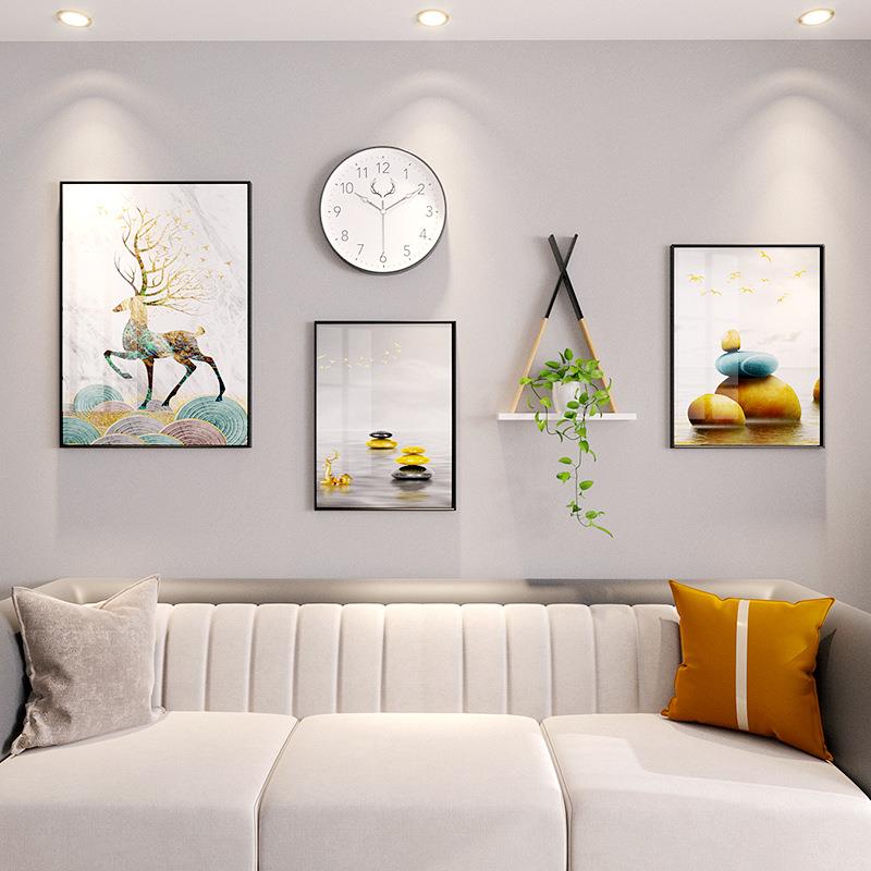 新中式客厅框晶瓷装饰画置物架组合发财鹿挂画卧室墙上画框饰品图片
