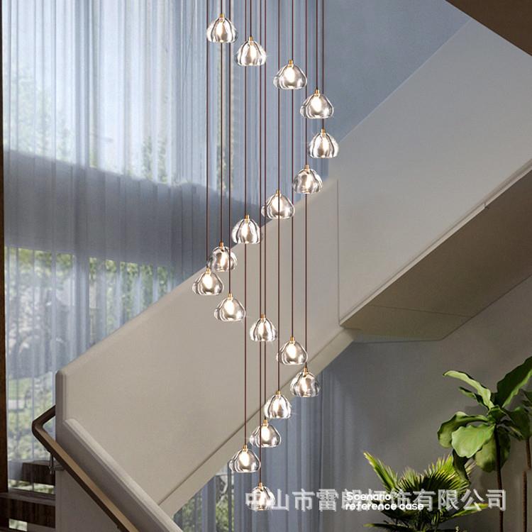 旋转楼梯间长吊灯后现代樱桃水晶复式loft别墅挑空大客厅全铜吊灯