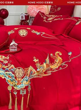 红豆棉结床上品四件婚套205新款喜FS5859庆龙凤40用支红色十件2a