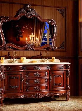 仿古间欧橡式浴组室柜红木实木卫生洗漱台双盆大理石洗311手脸盆