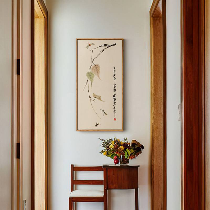 齐白石 新中式竖版玄关走廊装饰画过道荷花荔枝素雅墙壁挂画图片