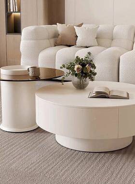 几创意奶油2风极简圆形岩板茶厅家用0客25TSR新款小户型玻璃茶几