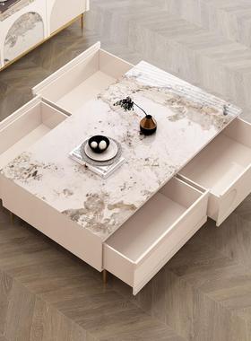 式轻奢电16616柜茶几组合别法墅客奶油风厅意式岩板设计师款储物