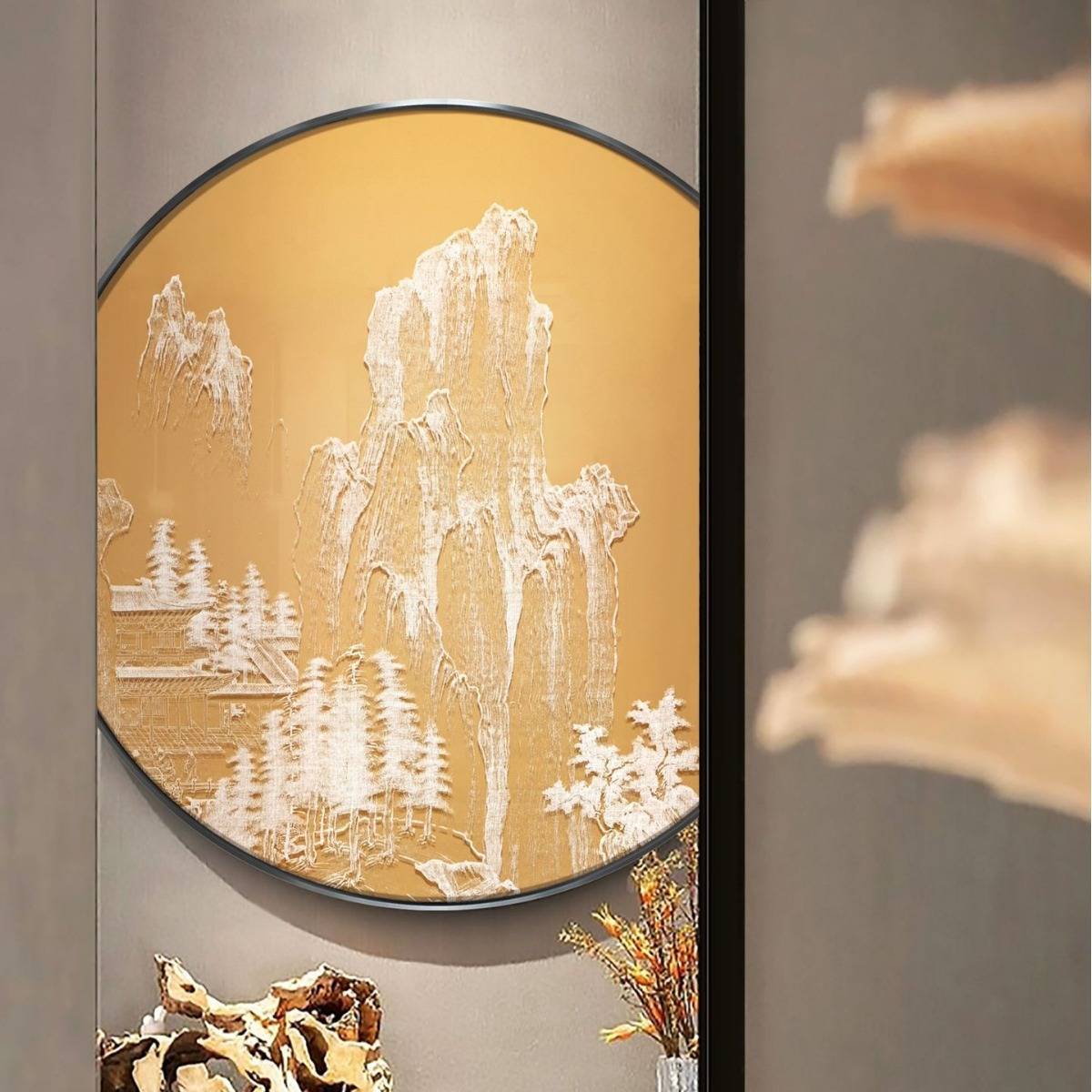 新中式玄关圆形装饰画客厅肌理浮雕实物立体挂画酒店餐厅墙面挂画图片