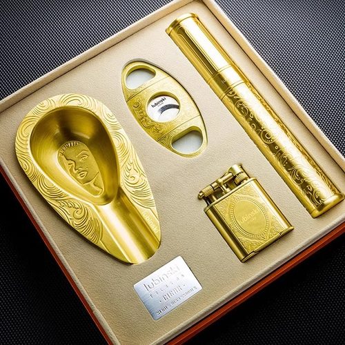鲁宾斯基雪茄烟具礼盒套装复古铜质雪茄剪打火机烟灰缸便携收纳管