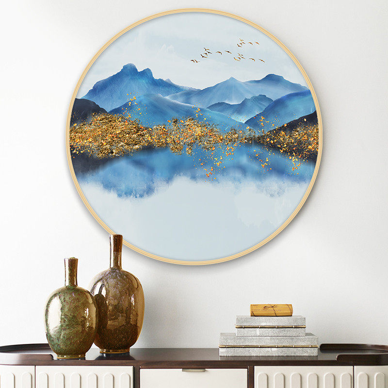 山水玄关装饰画圆形实木框迎宾墙壁画新中式餐厅挂画金色过道墙画