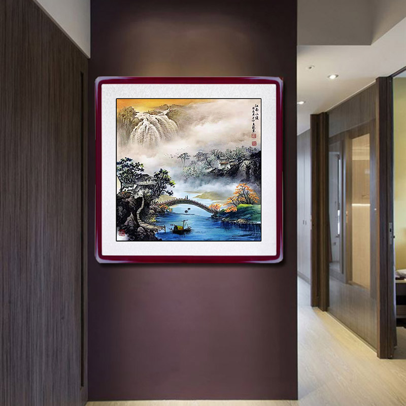国画手绘斗方山水画水墨办公室客厅入户玄关挂画沙发正方形装饰画图片