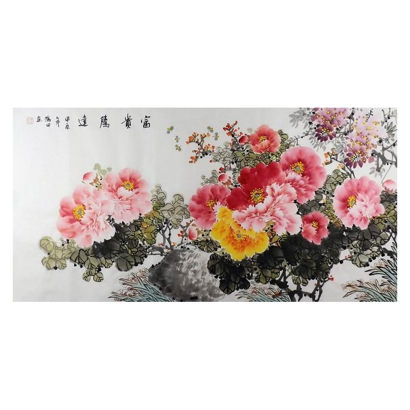 牡丹国画手绘装饰画 新中式办公室挂画 四尺紫藤花鸟画未装裱宣纸