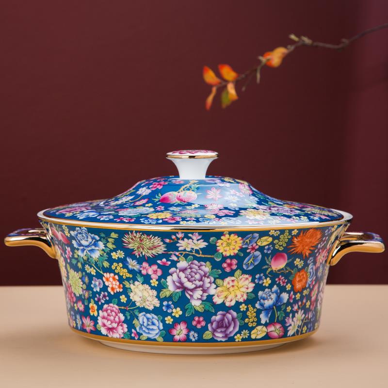 万花珐琅彩带盖汤盆品锅汤锅陶瓷餐具大号家用骨瓷双耳圆形大汤碗