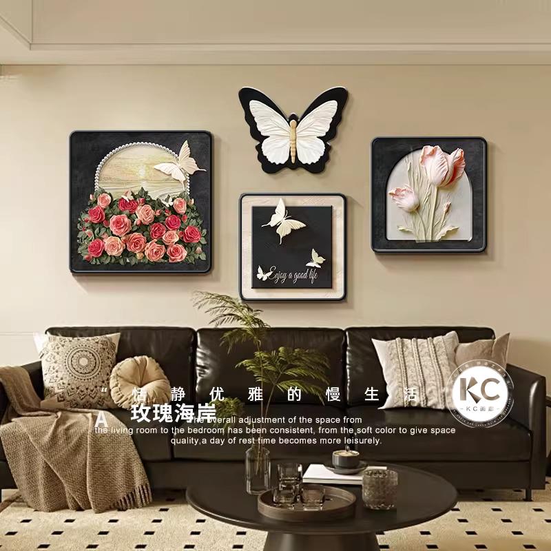 中古风客厅装饰画蝴蝶花卉肌理沙发背景墙挂画高级感餐厅组合壁画
