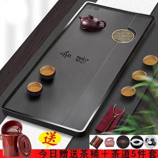 简约家用茶室单层茶具 天然整块乌金石茶盘排水大小号茶台中式