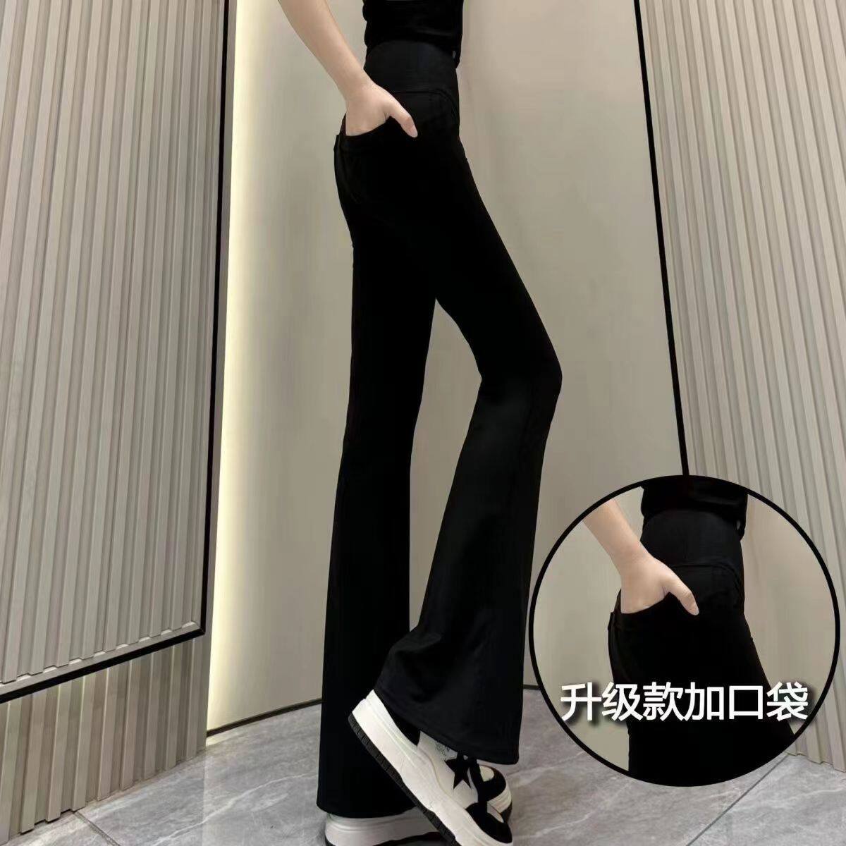 口袋喇叭裤收腹束腰芭比裤女夏季薄款打底裤高腰鲨鱼裤微喇紧身裤