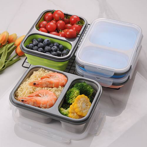 可折叠食品级硅胶便当盒学生饭盒耐高温密封盒双格餐盒保鲜盒