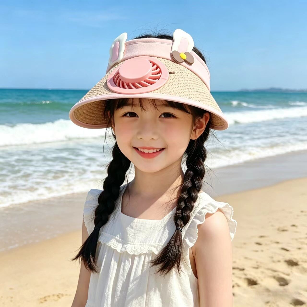 新款夏季太阳能风扇帽户外出游骑行遮阳防晒帽儿童时尚透气空顶帽