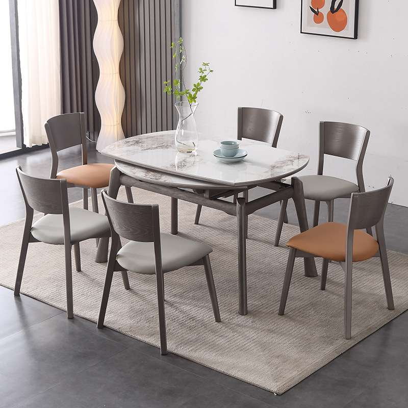 奶油风加厚岩板餐桌现代简约可伸缩折叠家用小户型实木北欧饭桌