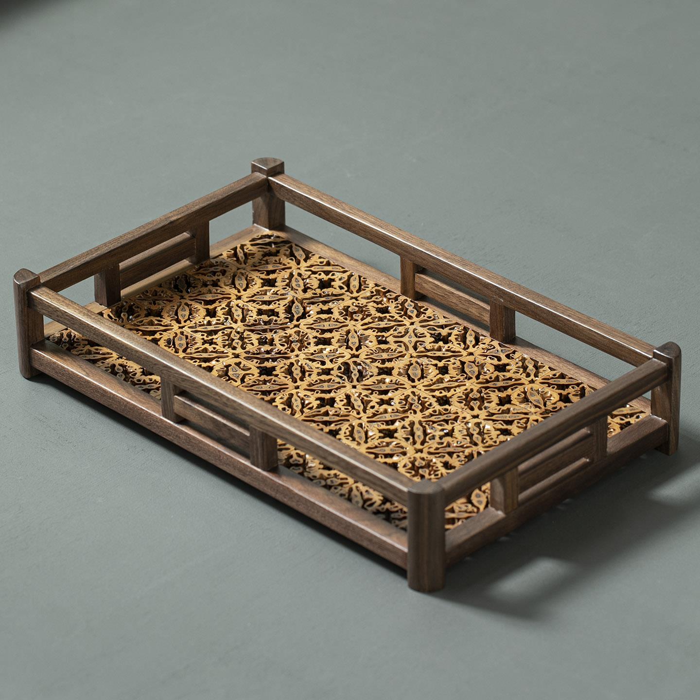 北美黑胡桃木新中式文玩核桃收纳盘镂空实木功夫茶具中式茶道托盘