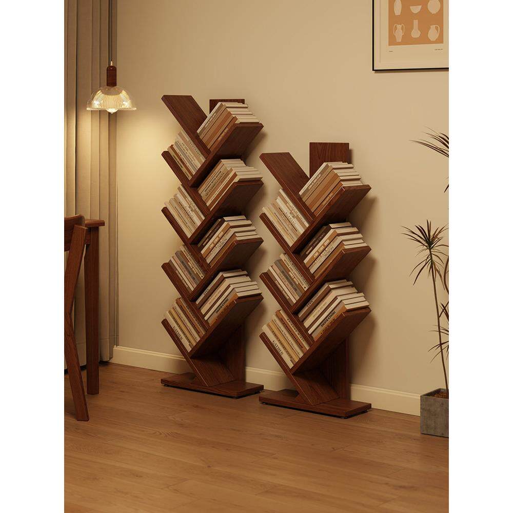 全实木书架，落地式墙形树形储物架，墙角储物架，家庭客厅，简单