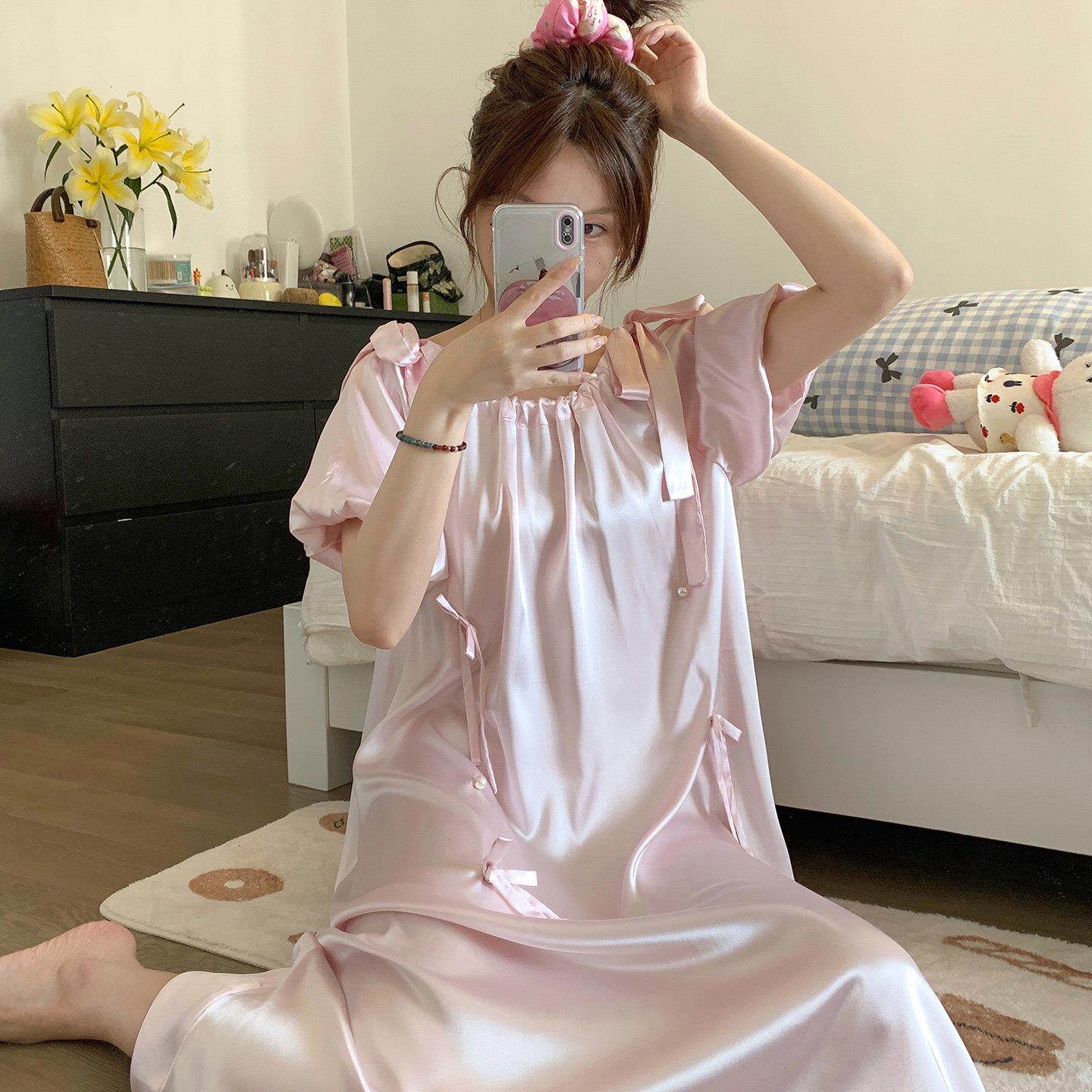 甜美立体蝴蝶结冰丝绸睡裙女夏季2025新款高级感睡衣家居服洋装