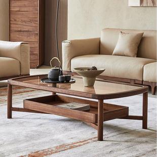 黑胡桃木玻璃茶几简约家用客厅阳台白蜡木茶台茶室接待会客泡茶桌