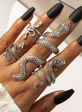 欧美外贸酷帅男士蛇纹指环 朋克风蛇形动物复古夸张四件套戒指