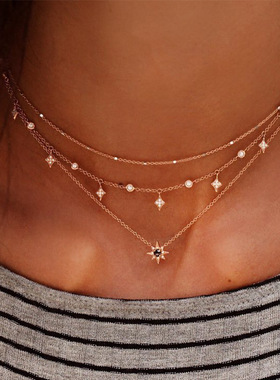 欧美流行时尚新款女式多层星星吊坠颈链手工项链组合