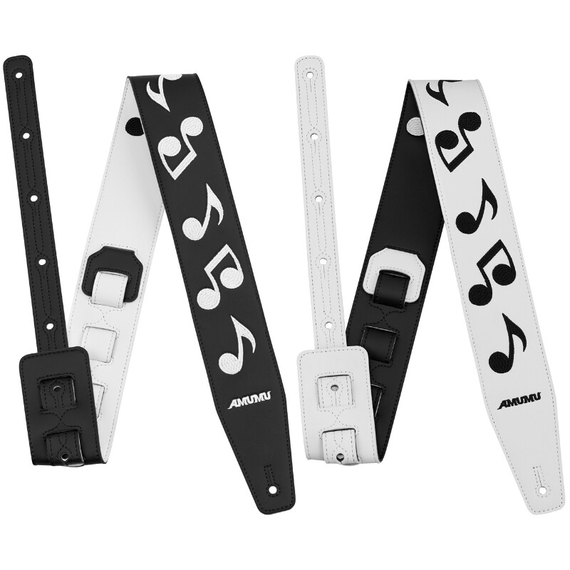 AMUMU皮吉他背带加宽加厚木电吉他贝斯舒适减压刺绣肩带黑白音符