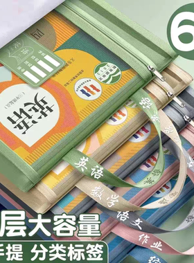 双层学科科目分类文件袋透明拉链式收纳书包手提学生补习拎书补课考试专用初中小学生作业男女孩儿童试卷袋子