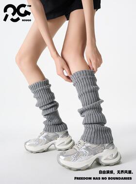 Rougo50Cm灰色针织秋冬袜白色小腿中部腿套暖绒短袜女士春秋季长