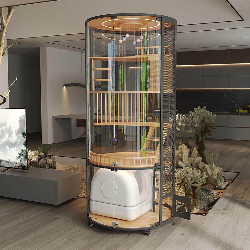 喵赞猫别墅实木豪华圆形全景展示超大型家用圆柱360玻璃猫柜猫笼