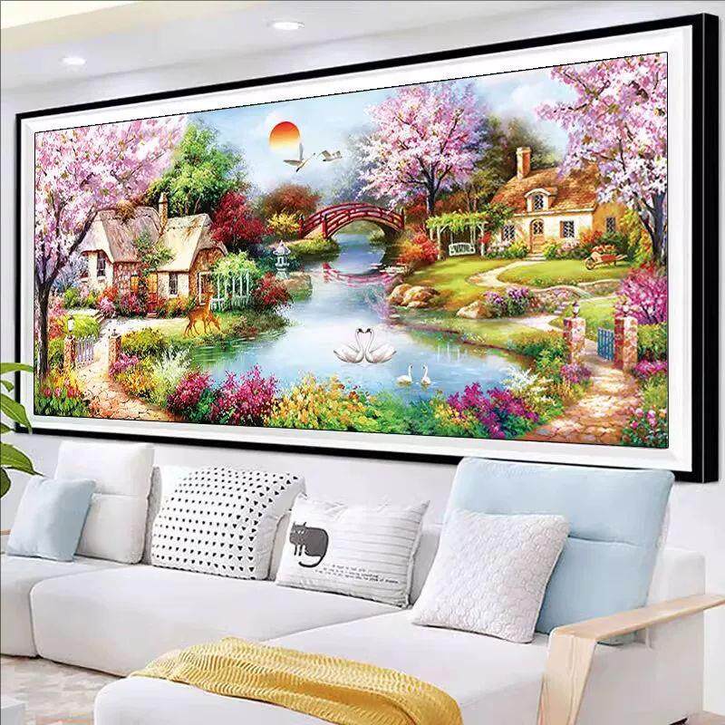 纯手工十字绣成品梦幻家园花园小屋田园风景画客厅欧式绣好的带框