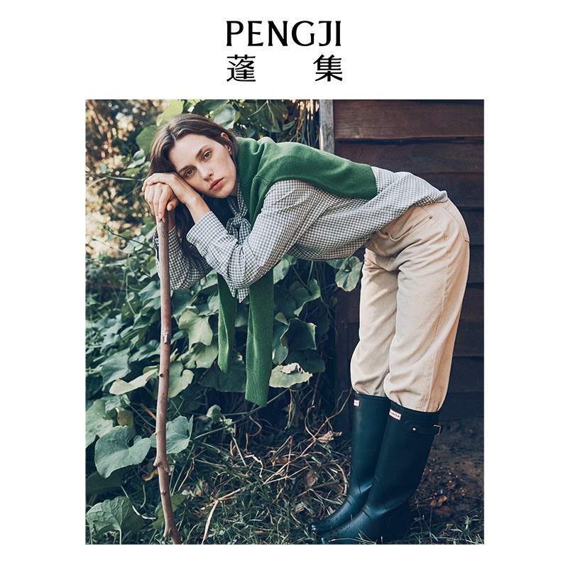 PENGJI蓬集全棉透气落肩格子衬衫