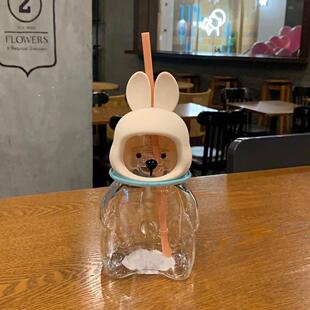 中秋月圆欢聚系列小清新星空可爱月兔杯盖造型玻璃吸管杯礼品水杯