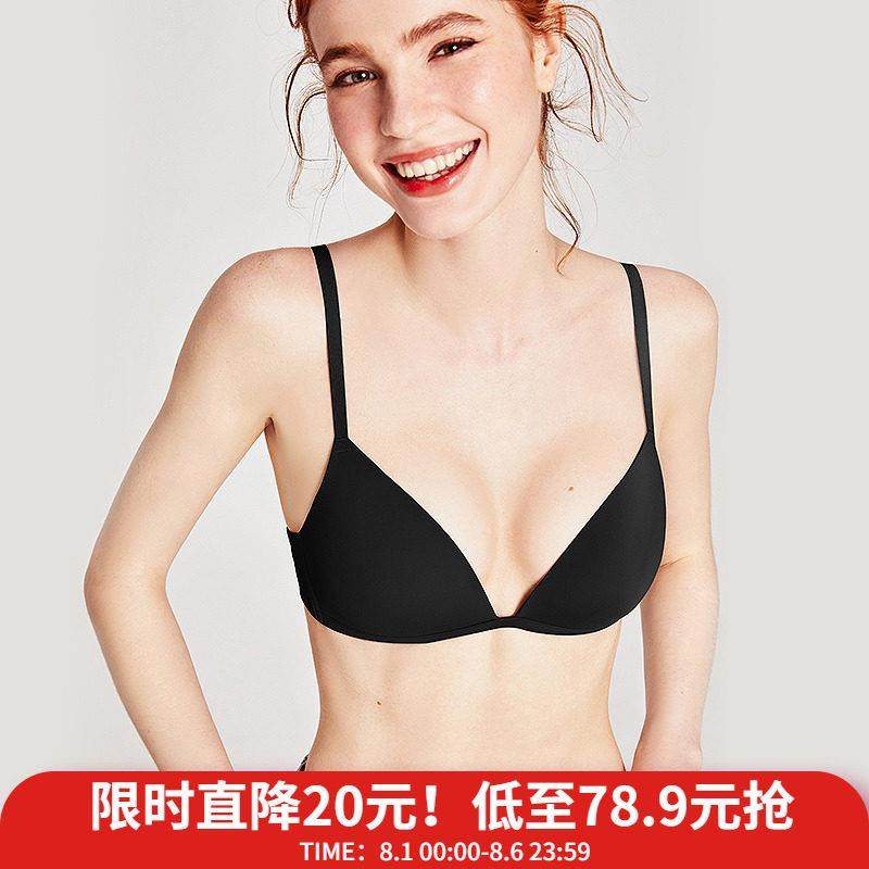 好奇小姐无痕内衣女薄款无钢圈法式三角杯文胸大胸显小胸罩套装黑