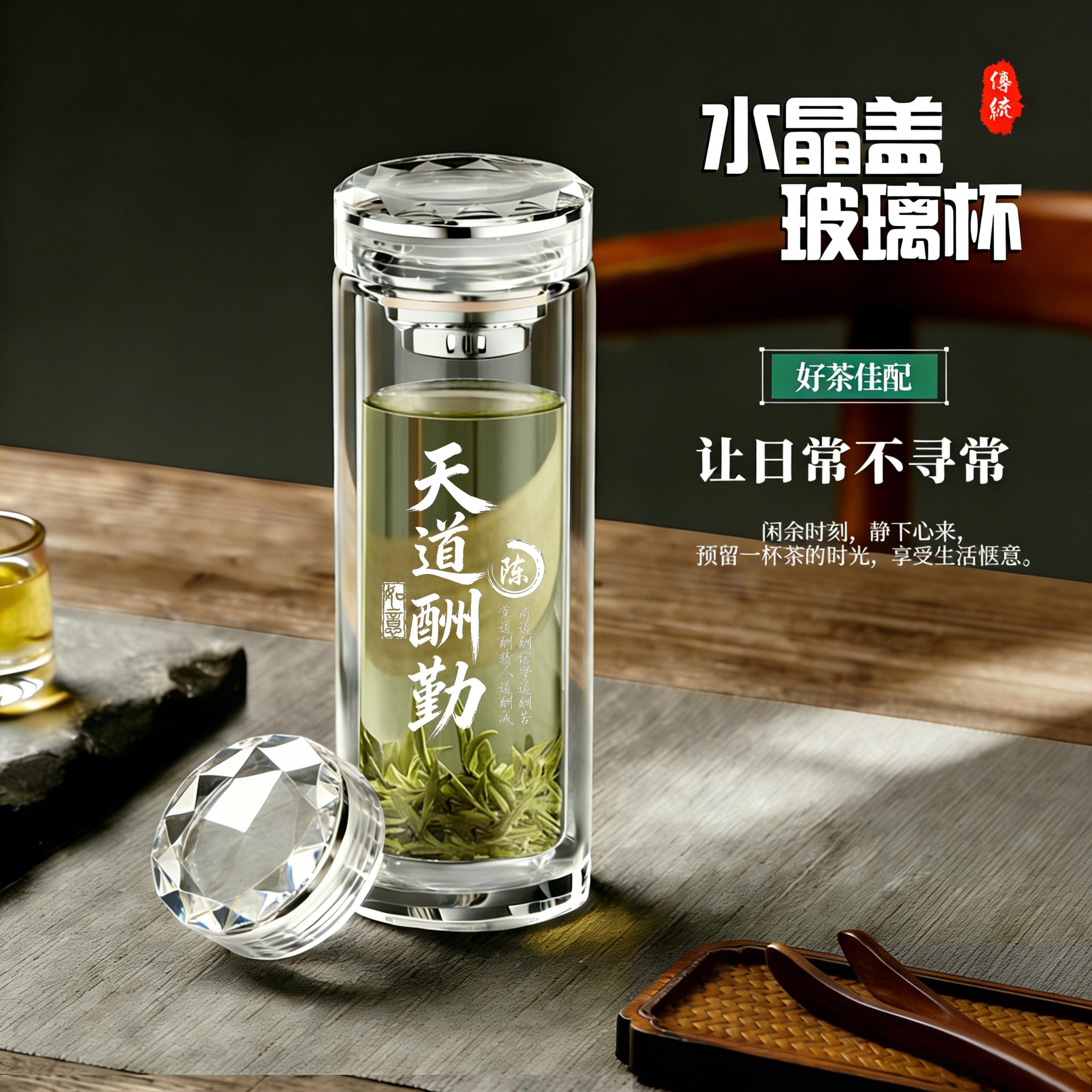 定制百家姓水晶杯盖双层玻璃杯隔热防烫男士专用泡茶杯办公水杯子