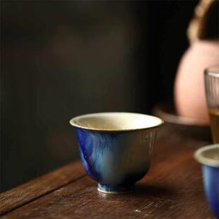 景德镇纯手工陶瓷茶杯复古窑变聚香杯60ml小单杯品茗杯蓝绿主人杯