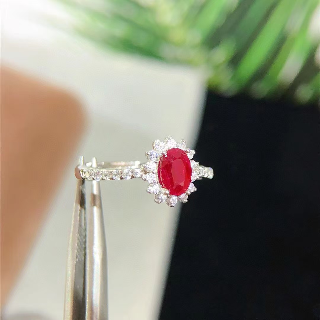 天然红宝石戒指女925银