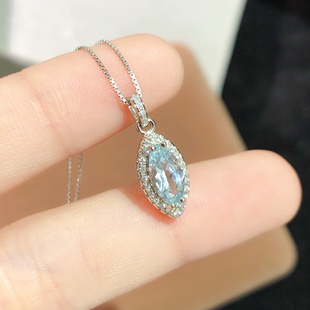 天然海蓝宝吊坠项链女925银镀白金超闪3ct 地质大学珠宝